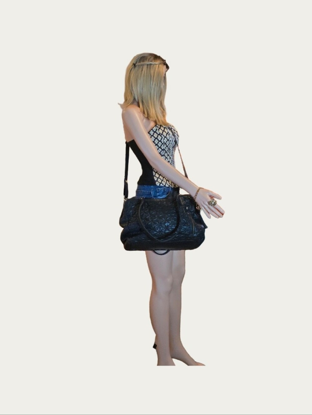 BLACK QUILTED Floral Genuine LEATHER Oversized Satchel/Crossbody SLOUCHY EUC - Picture 10 of 17